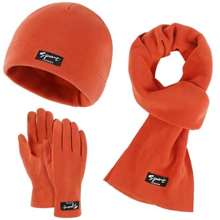 SAUTRV Damen & Herren Herbst Winter Warm Niedlich Wolle Mütze Schal Handschuhe Drei Stück Winter Schnee Strickmütze Bildschirm Fäustlinge Schals Sets Handschuhe Schal Set für Jungen, Orange, One size