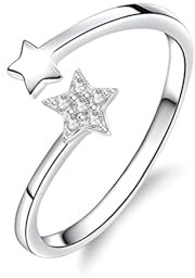 Hinvan 925 Sterling Silber Ring Sterne Ring Offener Silber Ringe Verstellbarer Stern Ring Damen Spinner Ring Fidget Ring mit Zirkonia Verstellbar Fingerring Ring für Damen Frauen Mädchen