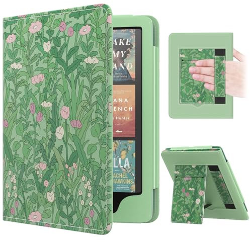 MoKo Étui Compatible avec 7/6,8 Pouces Kindle Paperwhite(12e Gén. 2024/11e Gén. 2021), Coque de Protection avec Dragonne, Auto Réveil/Veille pour Kindle Paperwhite, Fleur Verte