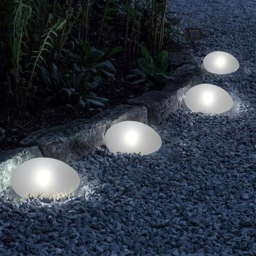 Taylor & Brown Solar Garden Ground Lights Outdoor Set of 4 Plastic Pebble Shape Decorative Rock Lights Half Ball Lawn Lamp Waterproof Cool White for Landscape Patio Pathway Yard