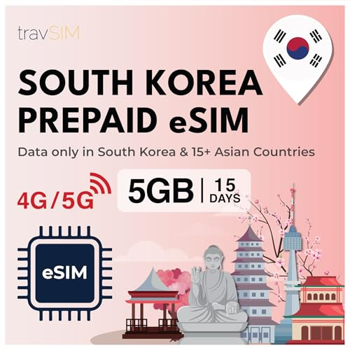 travSIM Südkorea eSIM | 5GB mobiles Daten | Verwenden Sie Voip-Apps wie Whatsapp und Messanger, um nachrichten zu versenden und anrufe zu tätigen | Der eSIM-Plan für Südkorea ist 15 Tage lang gültig.