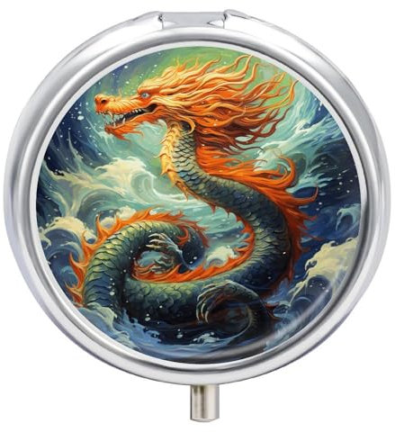 Pilulier de voyage à l'huile de dragon chinois à 3 compartiments avec miroir - Pilulier en métal pour sac à main et poche - Petite boîte à médicaments ronde pour vitamines