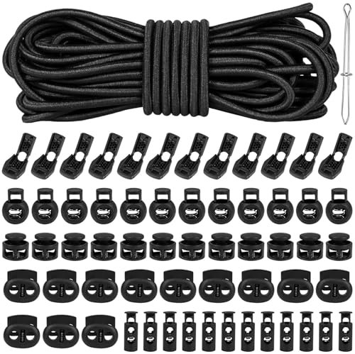 FLEXNOVA 20m Gummiseil, Gummizug Gummikordel mit 96 Kordelstopper Kordelklemme Gummischnur Gummiband Rund Elastische Schnur Kordel Shock Cord Schwarz Kordelzug Planenseil Expanderseil für Rucksack