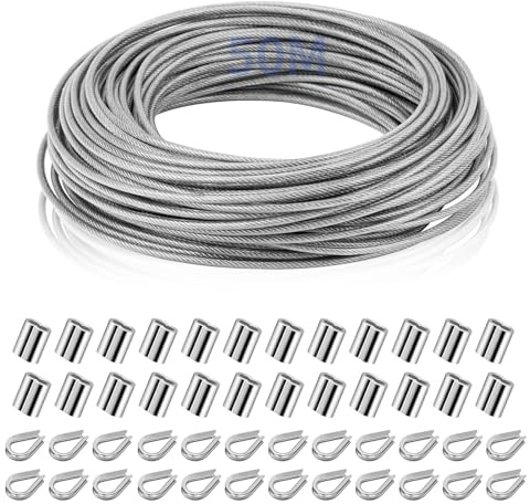 Drahtseil 2 mm, 50m 304 Edelstahl Stahlseil Ummantelt mit 24 Stück Kauschen und 24 Stück Crimphülsen Edelstahlseil für Rankhilfen Gardinenseil Wäscheleine Lichter Hängen