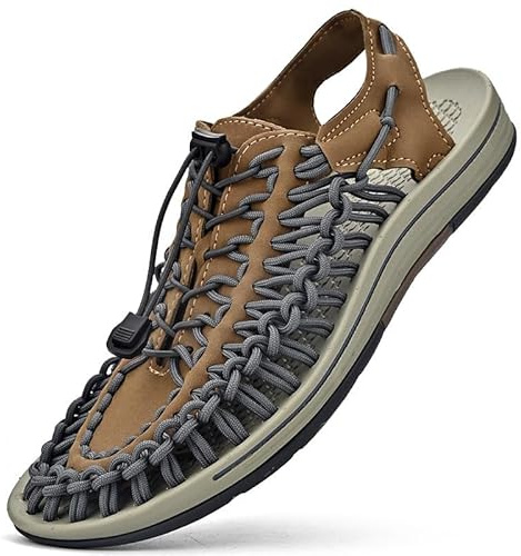 eimeinuosy Sandalias deportivas de cuerda para hombre, zapatos de pescador de verano, sandalias tejidas a mano, cómodas y ligeras, sandalias de playa con cordón, Caqui, 42 EU