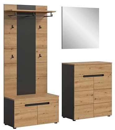 xonox.home - Garderobenkombination Canu 4tlg. 175x190x37 cm in Korpus Basalt grau Nb., Front Artisan Nb. - Garderobenschrank Garderobenmöbel Flurmöbel-Set Flursystem Stauraumlösung