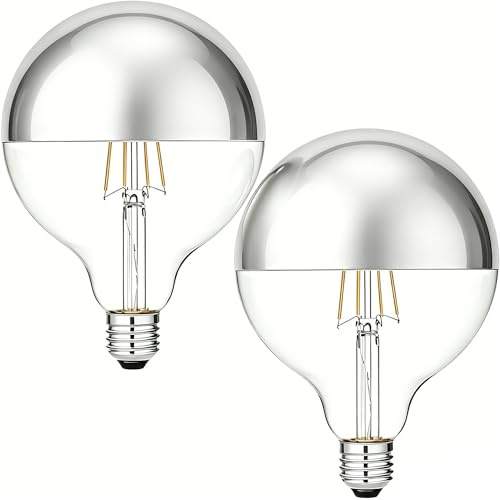 Vanpus LED Glühbirne E27 8W - 2 Stück, Warmweiß 2700K, Dimmbar, Vintage Edison- Φ125mm Silbrig teilweise galvanisiert, Schattenlos, Halbverchromt - Filament-Technologie