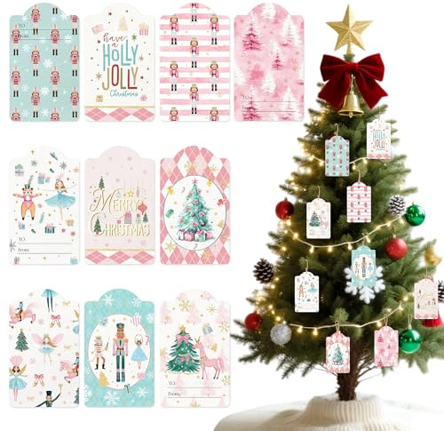 60Pcs Christmas Nutcracker Paper Gift Tags Merry Christmas Watercolor Label | Watercolor Nutcracker Hanging Labels with String Rope for Pink Xmas Holiday Present DIY Crafts
