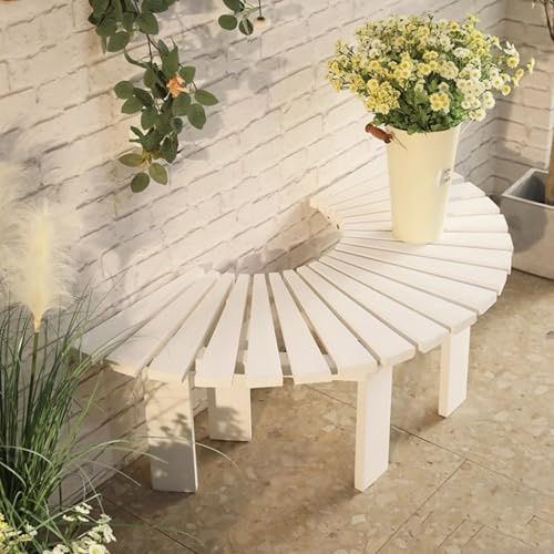 TUPAFJU Baumbank aus massivem Holz, umlaufende Bank, Gebogene Bank, rückenfrei, wetterfest, Lange Lebensdauer, halbrunde, für Hof, Veranda, Rasen, Terrasse, Garten im Freien(White)