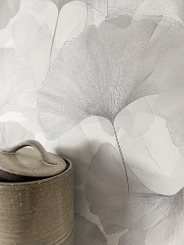Newroom Tapete Creme Vliestapete Büro - Mustertapete Natur Hellgrau Grau Blätter Leicht Glänzend Naturoptik Natur Naturinspiriert Glanztapete inkl. Tapezier-Ratgeber