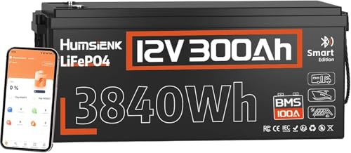 HumsiENK 12V 300Ah LiFePO4 Lithium Leisure Battery for Home RV Solar and Marine Power with Bluetooth 3840Wh High Capacity Built in 100A BMS for Long Lifespan and Safe Low Temp Operation