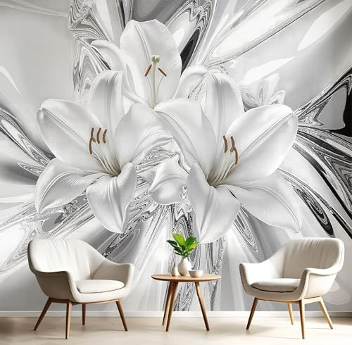 Fototapete 200x140cm Seide Tapeten XXL Lilie Wandtapete Abstrakte Blumen 3D Effekt Wand Dekoration für Wohnzimmer Schlafzimmer Korridor - Silber