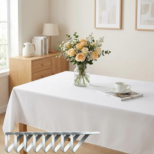 VIRETH HAUS Nappe lavable, rectangulaire, blanche, 140 x 240 cm, avec 8 pinces à nappe, en polyester, imperméable, protection contre les rayures, pour table à manger, balcon, camping, mariage et