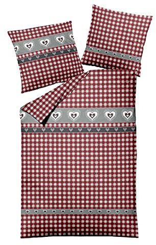 Traumschlaf Biber Bettwäsche Landhausherzen rot kuschelig weich aus 100% Baumwolle - Made in Germany 135x200 cm + 80x80 cm