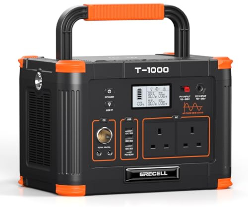 GRECELL Portable Power Station 1000W, 999Wh Solar Generator Backup Battery | Pack with 2x Pure Sine Wave 1000W, 2x 230V AC Outlets, PD 60W for Home Camping Outdoors Trip RV Emergency(2000W Peak), T-1000