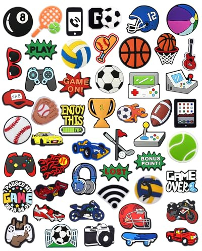 tikono 50PCS Games and Sports Ball Shoe Charms, Construction Vehicle and Computer Shoe Decoration Pins for Clog, Funny Accessories for Boys Man Teens Adults