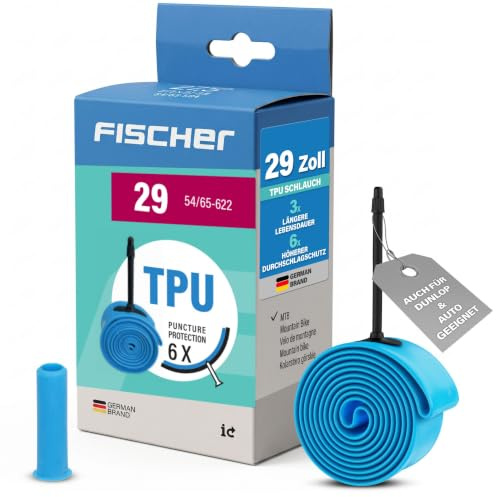 FISCHER TPU Fahrradschlauch MTB 29 Zoll, Mountainbike Schlauch 54-622 bis 65-622, mit Adapter für größere Ventillöcher, 6X Pannenschutz