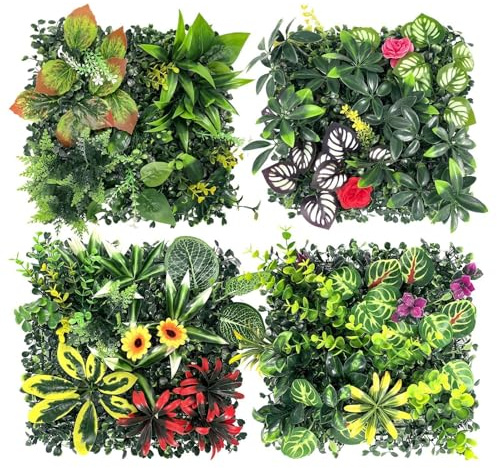 4 Pcs Grass Wall Panels - 9.84x9.84x2.36 In Living Wall | Artificial Leaves Hedge Panels | Artificial Turf | Uv Protected Privacy Fence | For Garden Backyard Patio Balcony Fence Wedding