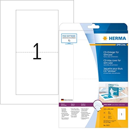 HERMA 5033 CD DVD Einleger für Slim Case Hüllen perforiert, 25 Blatt, 121 x 242 mm, 1 pro A4 Bogen, 25 Stück, bedruckbar, matt, blanko Papier-Cover Inlays, weiß
