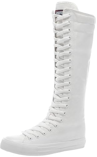 Jamron Ragazze Donna Moda Ginocchio Alta Allacciare Tela Stivali Puro Bianco Zip Stivali di Danza SN811 EU38.5