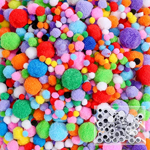 Caydo 1400 Pieces 5 Sizes Multicolor Pom Poms Assorted Pompoms with 4 Sizes Wiggle Eyes for DIY Crafts Projects Valentine's Day Decoration