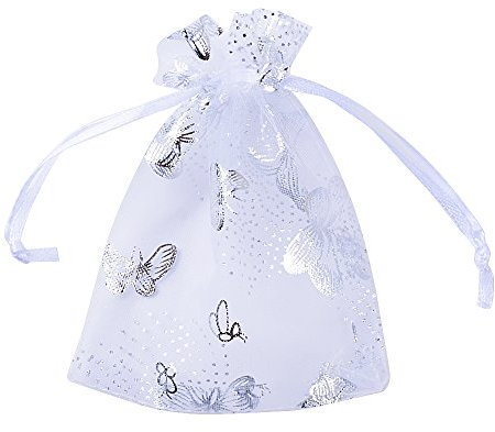 BUONDAC (9 * 12cm) 100 Stücke Organzabeutel Hochzeit Weihnachten Taufe Organzasäckchen zum befüllen Säckchen für Lavendel Geschenkbeutel Organza Schmuckbeutel klein (Weiß (Silbrige Schmeterlinge))