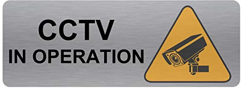 METAL CCTV In Operation Sign Brushed Silver Aluminium WITH IMAGE Warning Safety Security Camera Recording Door Notice Office Shop Warehouse School Cafe Restaurant Pub Business Hotel 200x75mm MR12
