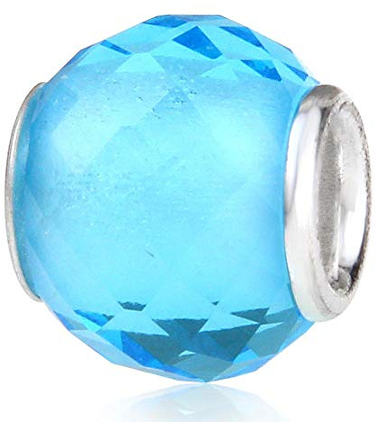 Abalorio de plata de ley 925 con cristal de Murano y piedra de nacimiento, dije de aniversario para pulsera Pandora (azul claro)
