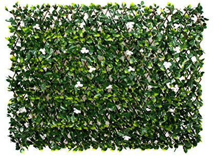 Artificial Expanding Green Wall Trellis Willow Fence with Green Leaf Foliage & White Flowers (1m x 2m) -UV Stable