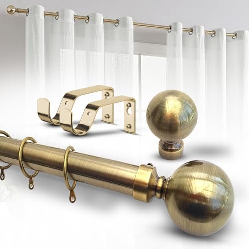 Imperial Rooms Plain Metal Ball Curtain Poles Metal Extendable - Includes Curtain Rod, 60mm Size Finials, Rings, Brackets & Fittings Set (Antique Brass, 120-210 Cm, 48 Inches to 83 Inches)