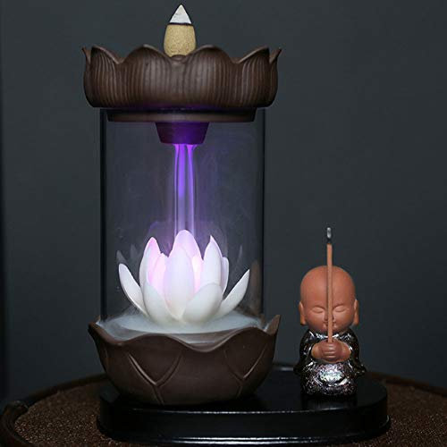 Brûleur d'encens à reflux Buddhist Suppliesbrûleur d'encens cascade avec lumière LEDporte-encens avec fleur blanche Lotus et petit moine Buddhist Supplies