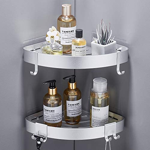 GERUIKE Estanteria Ducha Estante Baño sin Taladro Adhesivo Estantería Esquina Pared Organizador Baño Rinconera Ducha Aluminio Plata 2 Piezas Cesta Ducha Soporte para Champú y Gel Ducha