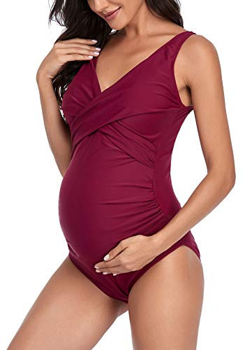 SUMMERSUNSHINE Umstands-Badeanzug, Einteiler, Bademode, vorne gekreuzt, Schwangerschaft, Badeanzug, Umstands-Bikini, Weinrot, XL