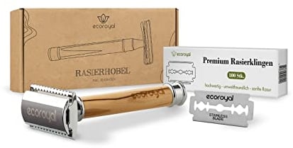 EcoRoyal Olivenholz Rasierhobel Set Damen & Herren + 100 Rasierklingen | Nassrasierer | Rasierhobel Set | Metall Rasierer | Zero Waste Rasierer Damen | Double Edge Razor (Olivenholz)