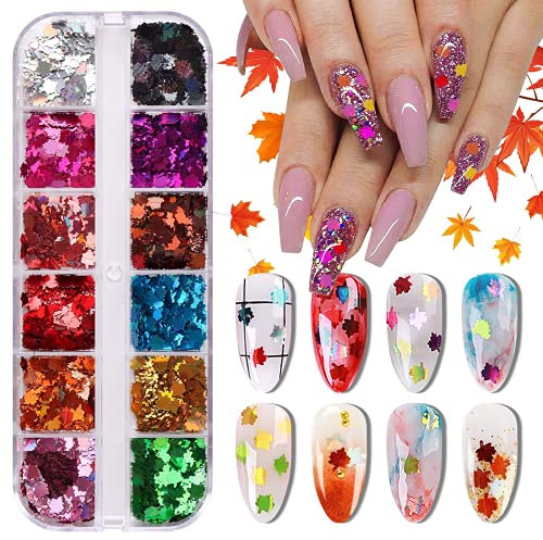 EBANKU 12 Colors Maple Leaf Nail Art Glitter Sequins, 3D Flakes Laser Fall Maple Leaf Nail Glitter Holographic Autumn Leaf Shape Nail Sequins for Nails Supply Glitter Decorations