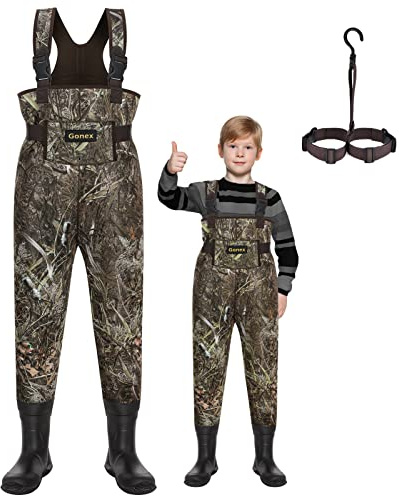 Gonex Child Neoprene Chest Waders Rubber Boots, Waterproof Breathable Insulated Camo Fishing Waders for Toddler Children Boys (Camo, 6/7 Little Child)