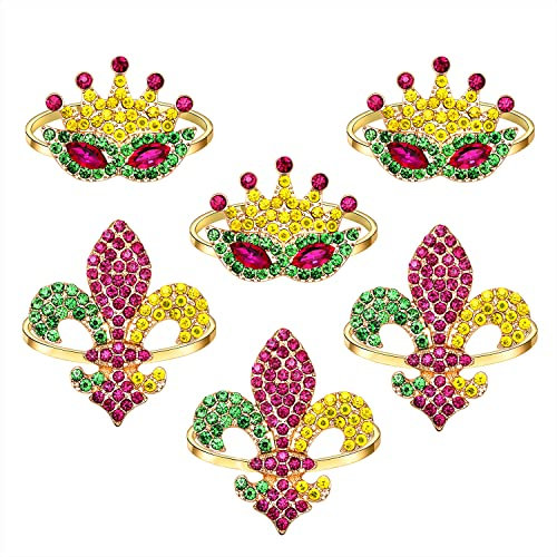 Vogueknock Mardi Gras Serviettenringe Strass Fleur de Lis Maske Serviettenhalter Ring Abendessen Tisch Zubehör Servietten Dekorationen für Urlaub Party 6er Set (Strass Maske Fleur de Lis)