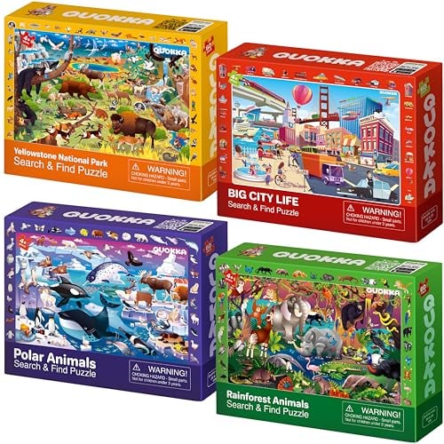 QUOKKA Jigsaw Puzzles For 3 4 Year Olds - 4x60 pc Kids Search & Find Puzzles Age 5-8 - Educational Toys For 3 4 yo For Learning Forest Polar & National Park Animals - Gift Game for Boys and Girls