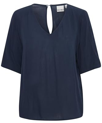 ICHI IHMARRAKECH Damen Bluse Shirt Blusenshirt V-Ausschnitt Halbarm Regular Fit, Größe:XS, Farbe:Total Eclipse (194010)