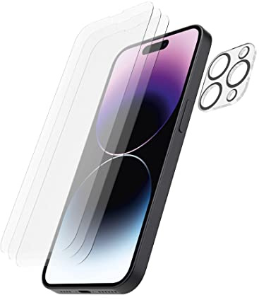 Hama Schutzglas + Kameraschutz für Apple iPhone 14 Pro, 3X Displayglas, 1x Kameraschutzglas (Hartglas 9H Härte Kratzfest u. stoßfest, Displayschutz iPhone 14 Pro inkl. Montagehilfe) transparent