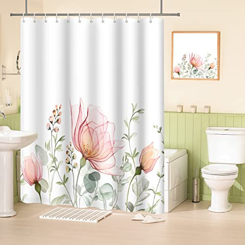 MIRRORANG Cortina de Ducha de Flores Rosas con Ganchos para el baño, Cortinas de baño Decorativas Modernas de Flores Rosas, Cortina de Ducha Lavable de poliéster Resistente al Moho (180 x 180 cm)