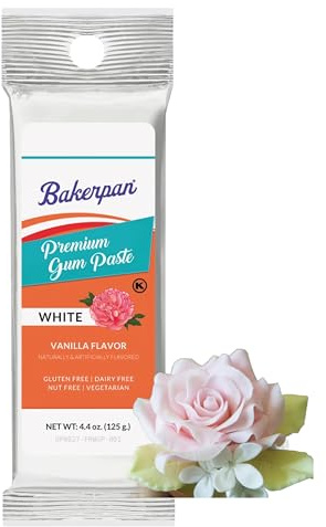 Bakerpan White Gum Paste for Cake Decorating, Create Flowers, Leaves, Elegant Ruffles - 4.4 Ounces, Vanilla Flavor (Made in USA)