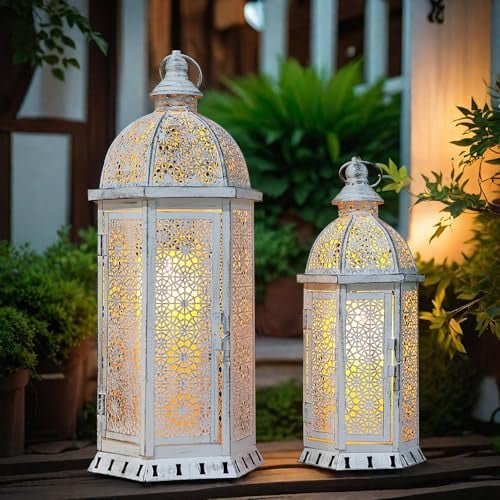 TRIROCKS Set Aus 2 Dekorativen Kerzenlaternen 38 cm & 50 cm Hoch Rustikale Metall Outdoor Hängelaterne Windlicht Mit Hohlmuster Für Zuhause Wohnzimmer Garten Innen Außen (Weiß)