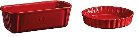 Emile Henry Eh346180 Moule à Cake Céramique Rouge Grand Cru 31 X 13 X 9 cm & Plat à Tarte Céramique Rouge Grand Cru 28 x 28 x 5,5 cm