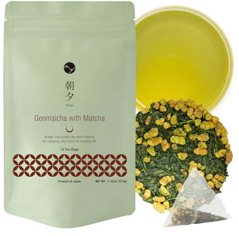 Asayu Japan Genmaicha mit Matcha Grüner Tee - 2,5 g x 15 Beutel, Gerösteter Brauner Reis mit Matcha, 100% Hergestellt in Japan