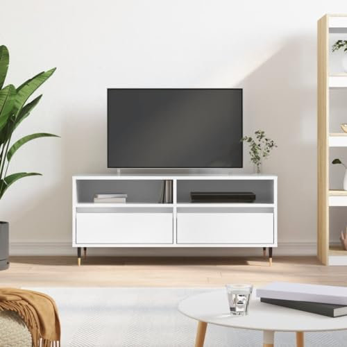 ARKEM Mueble de TV Madera contrachapada Blanco Brillo 100x34,5x44,5cm Mueble TV Vintage