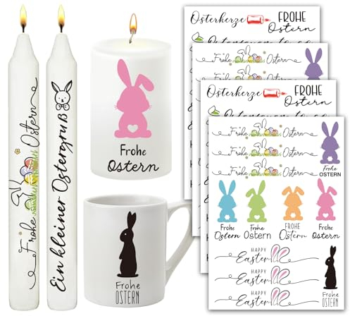 BETESSIN 4Pcs Kerzen Tattoo Ostern Tattoofolie Frühling Kerzentattoos Frohe Ostern Kerzensticker Osterhasen Wasserschiebefolie Kerzen Verzieren Kerzenaufkleber DIY Geschenk für Kerzen Tassen Stil C