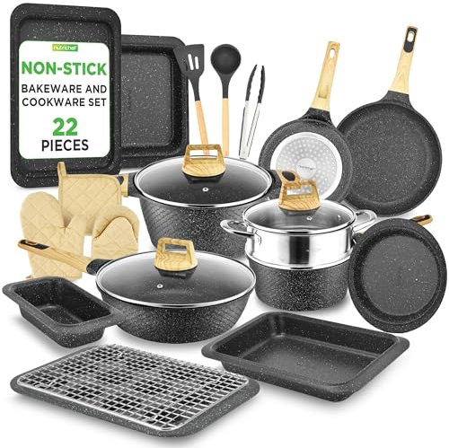 NutriChef Non Stick Pots and Pans Set with Coating 22-Piece, Cooking Set Includes Pan Sets, Pot Set, Kitchen Cookware, Bakeware, Heat-Resistant Tools, 20 cm–30 cm, Black