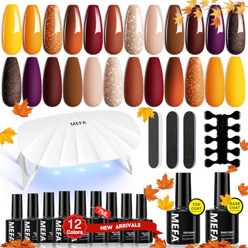 MEFA Starterset mit Lampe 6W,12 Farben UV Nagellack Set Gelnägel Starterset Gelb Orange Braun Glitzer Nude Lila, Gel Nagellack UV Set mit Base Top Coat Gel und UV Lampe