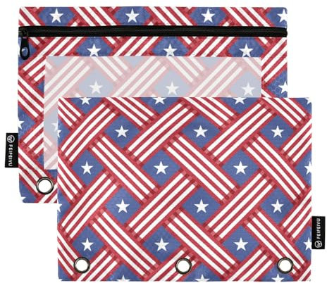 Federmäppchen für 3-Ring-Ordner, USA Unabhängigkeitstag, Muster, Stern, Federmäppchen, Kosmetiktasche mit Reißverschluss, transparentes Fenster, für Büro, Reisen, Kosmetik, 2 Stück, USA